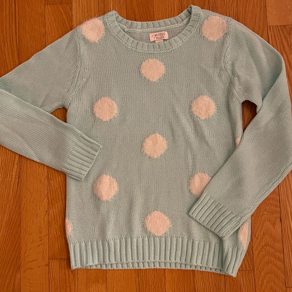 The Children’s Place, girl’s sweater, light blue with one fuzzy white dots